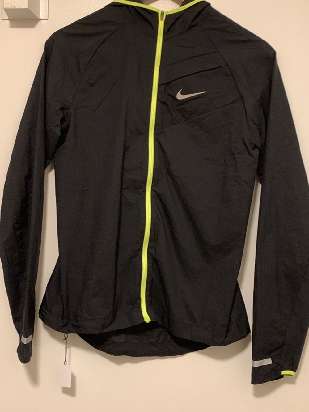 Nike Women's Black Hooded Jacket with Neon Yellow Zip